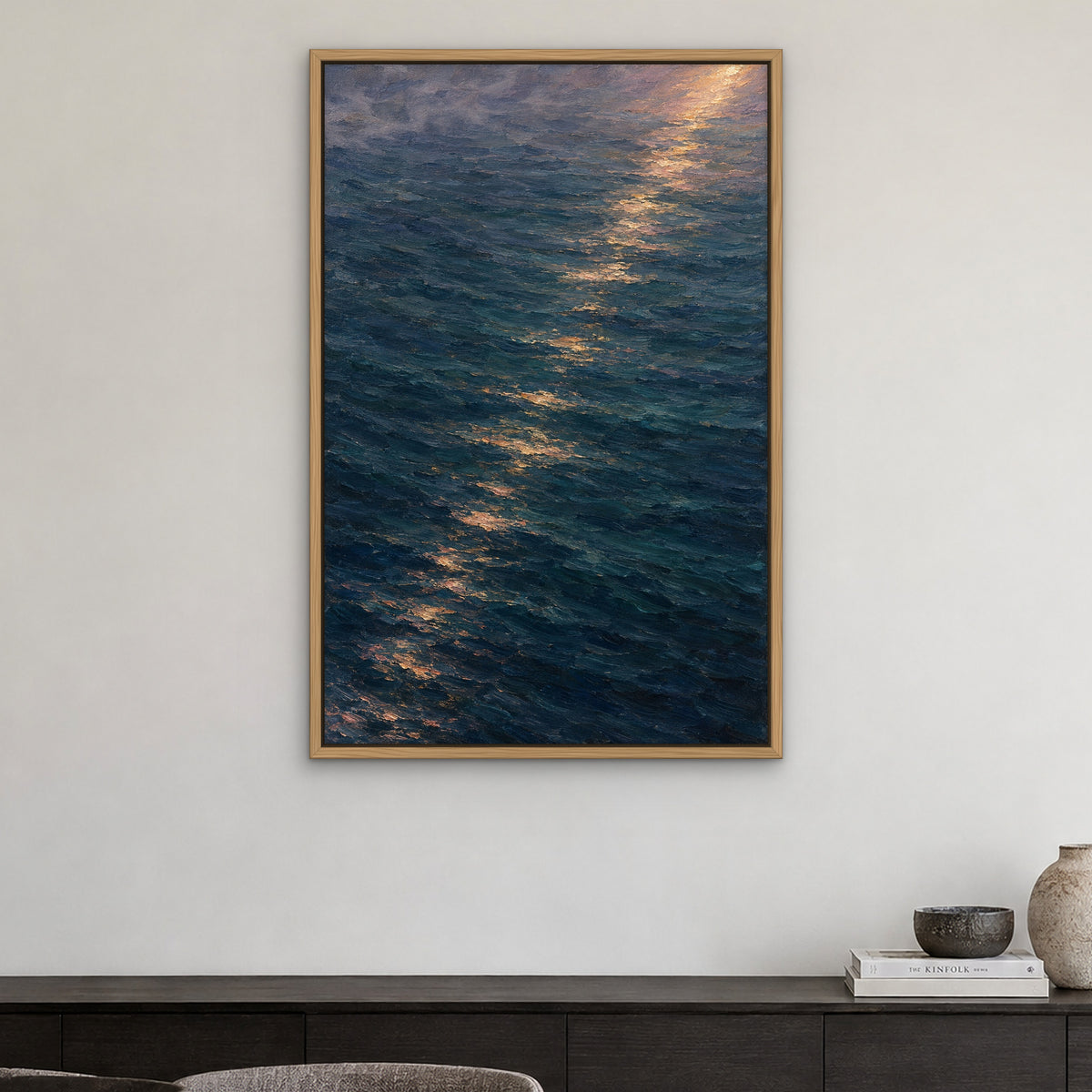 Dusk Over Still Waters, blue seascape hand-painted canvas wall art in a dining room – Gallery 23