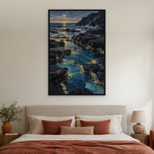 Sapphire Gold Coastline, blue abstract hand-painted canvas wall art in a bedroom – Gallery 23