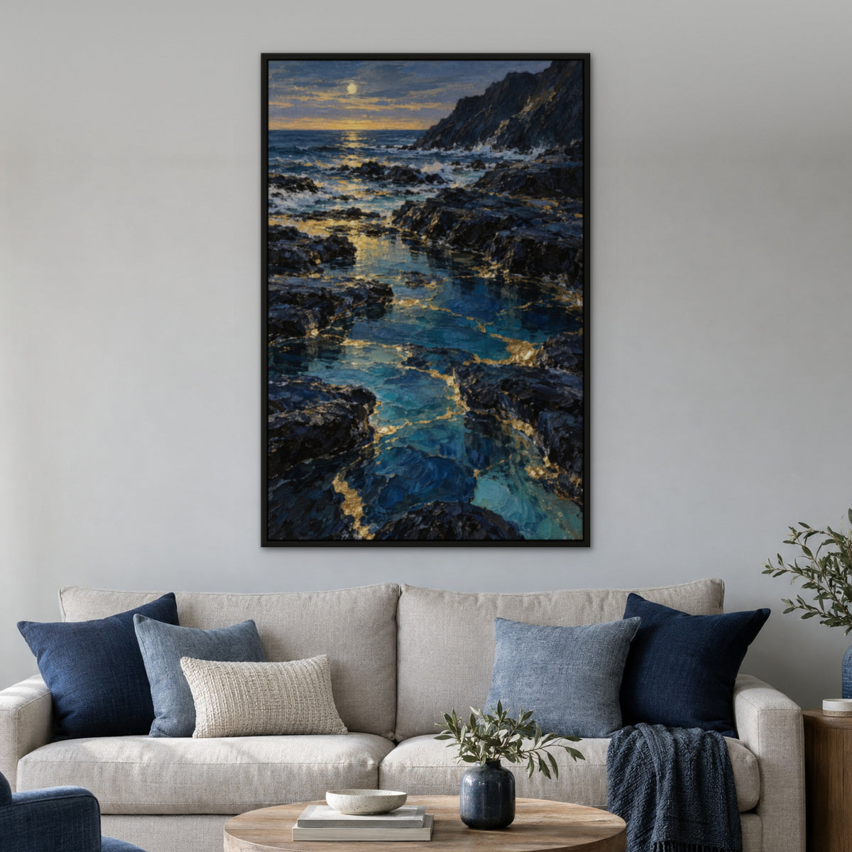 Sapphire Gold Coastline, blue abstract hand-painted canvas wall art in a living room – Gallery 23