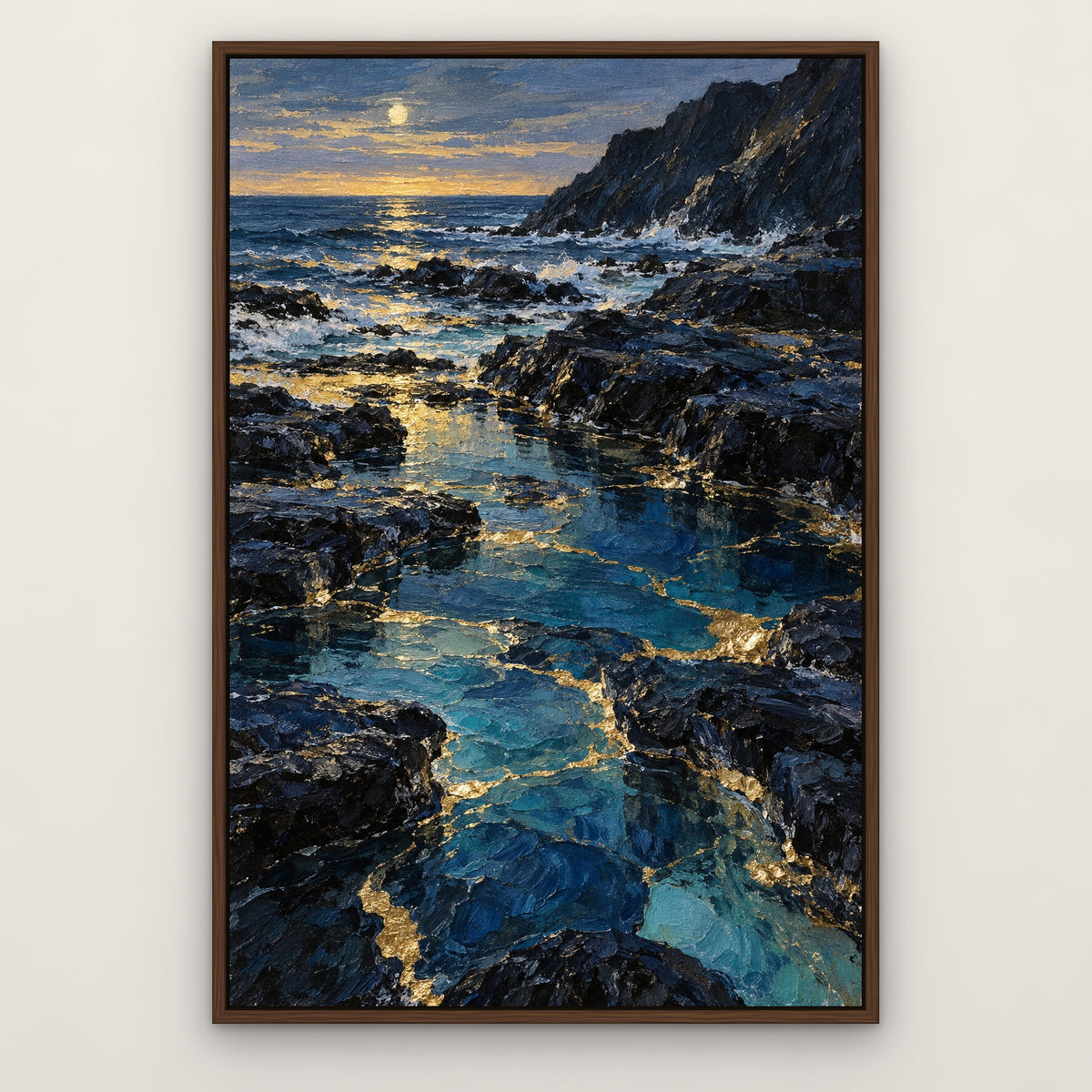 Sapphire Gold Coastline, blue abstract hand-painted canvas wall art in a slim walnut float frame – Gallery 23