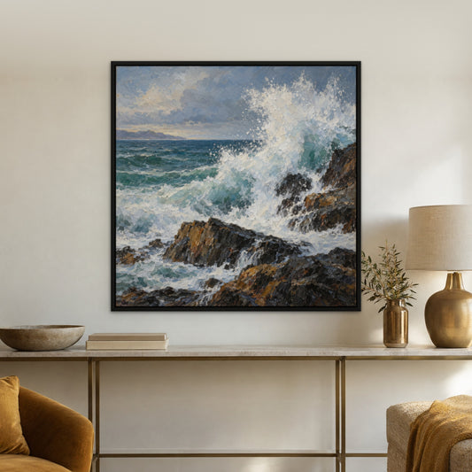Crashing Surf, blue seascape hand-painted canvas wall art in a hallway – Gallery 23
