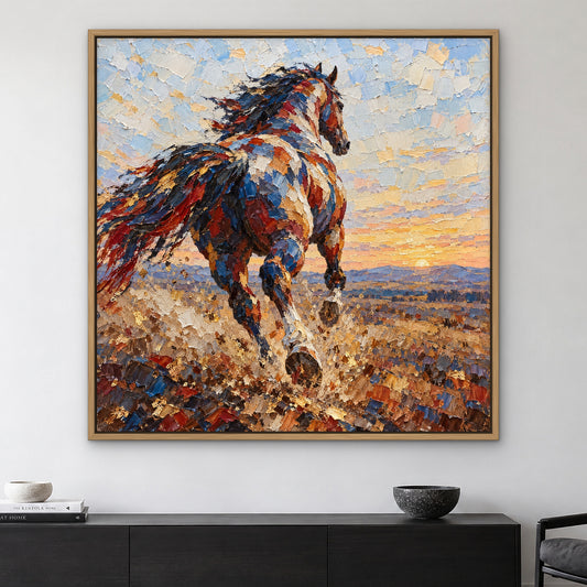 Mosaic Stallion, colourful animal hand-painted canvas wall art in a living room – Gallery 23