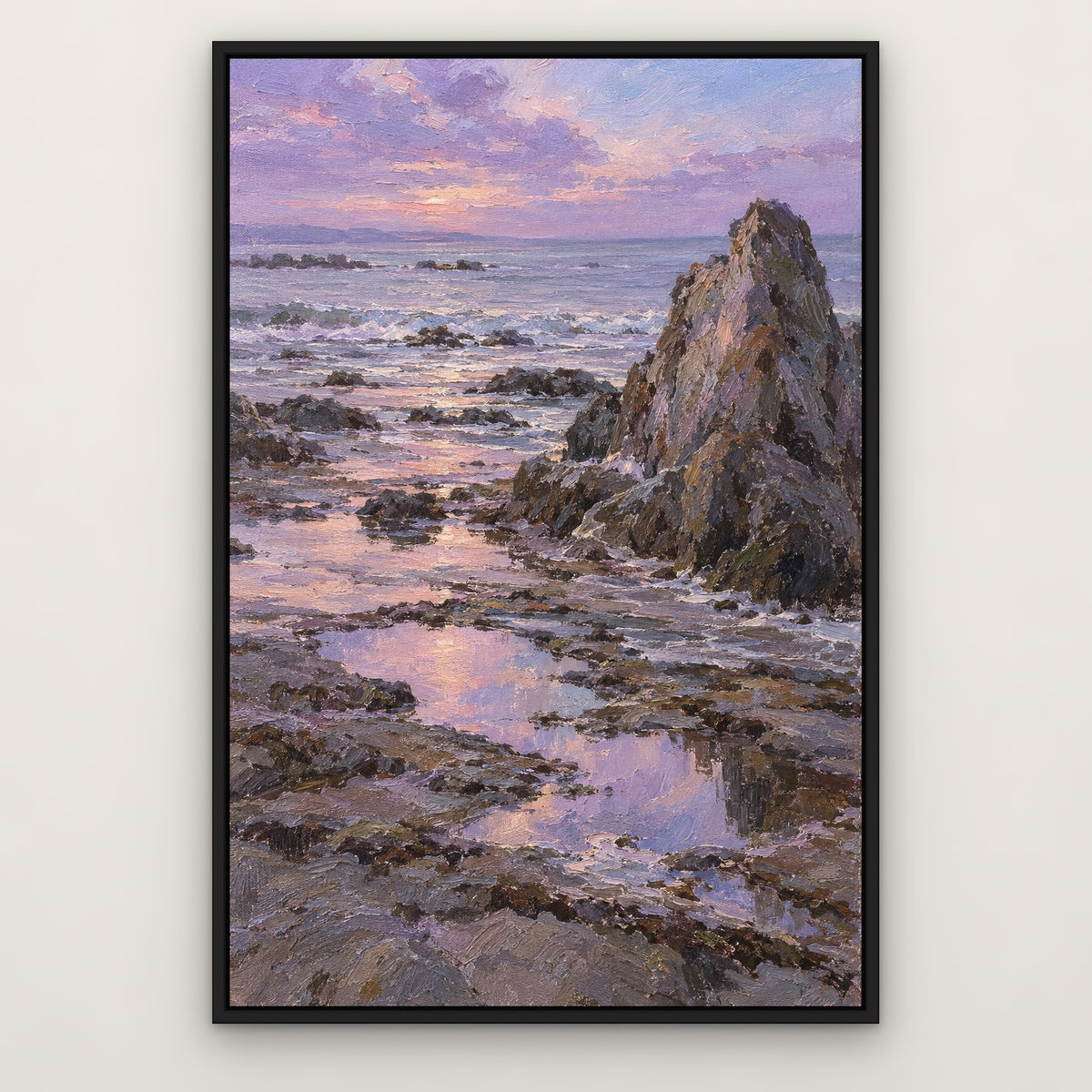 Lavender Low Tide, blue seascape hand-painted canvas wall art in a slim black float frame – Gallery 23