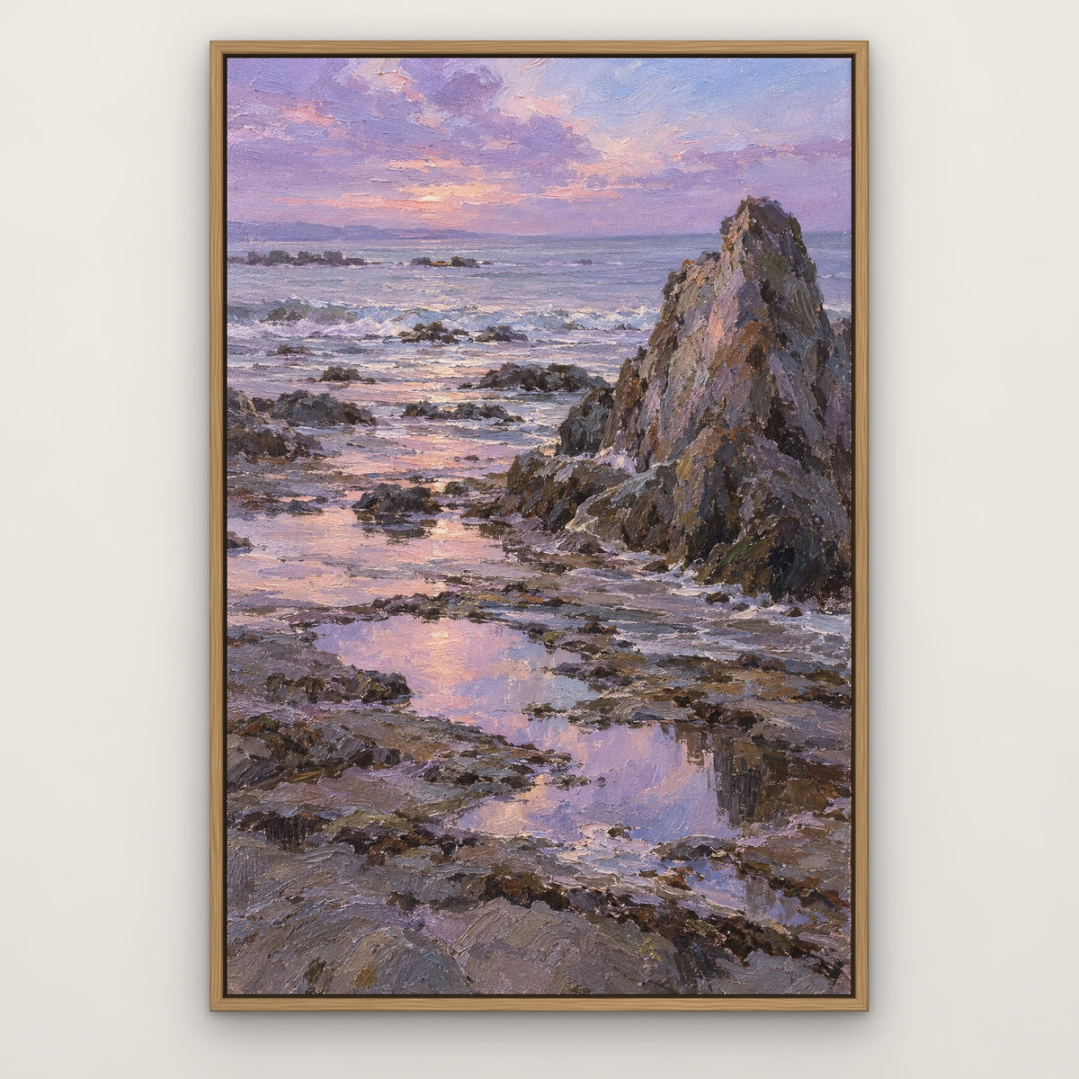 Lavender Low Tide, blue seascape hand-painted canvas wall art in a slim oak float frame – Gallery 23
