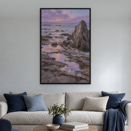 Lavender Low Tide, blue seascape hand-painted canvas wall art in a living room – Gallery 23