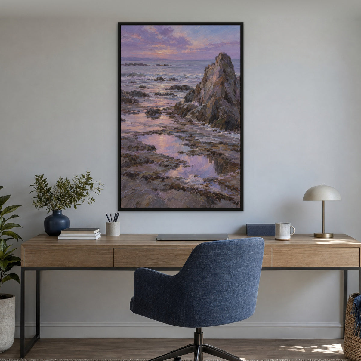 Lavender Low Tide, blue seascape hand-painted canvas wall art in a home office – Gallery 23