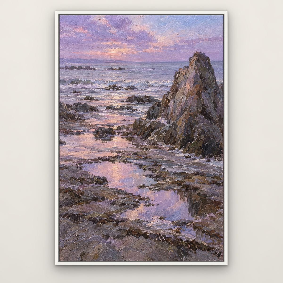 Lavender Low Tide, blue seascape hand-painted canvas wall art in a slim white float frame – Gallery 23