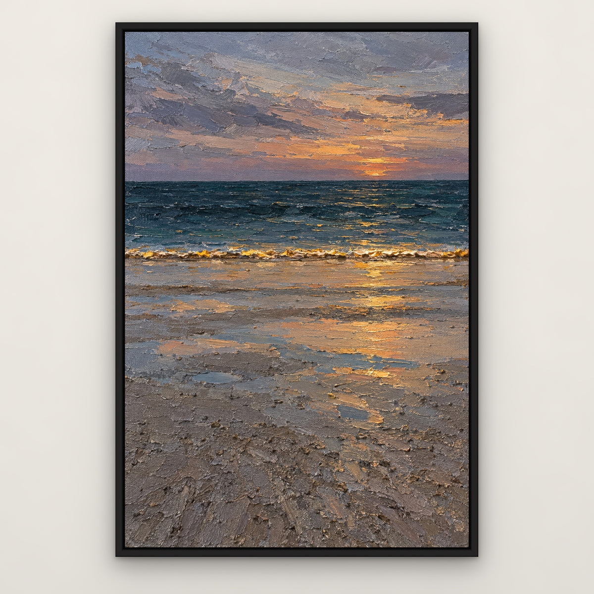 Golden Tide Edge, blue seascape hand-painted canvas wall art in a slim black float frame – Gallery 23