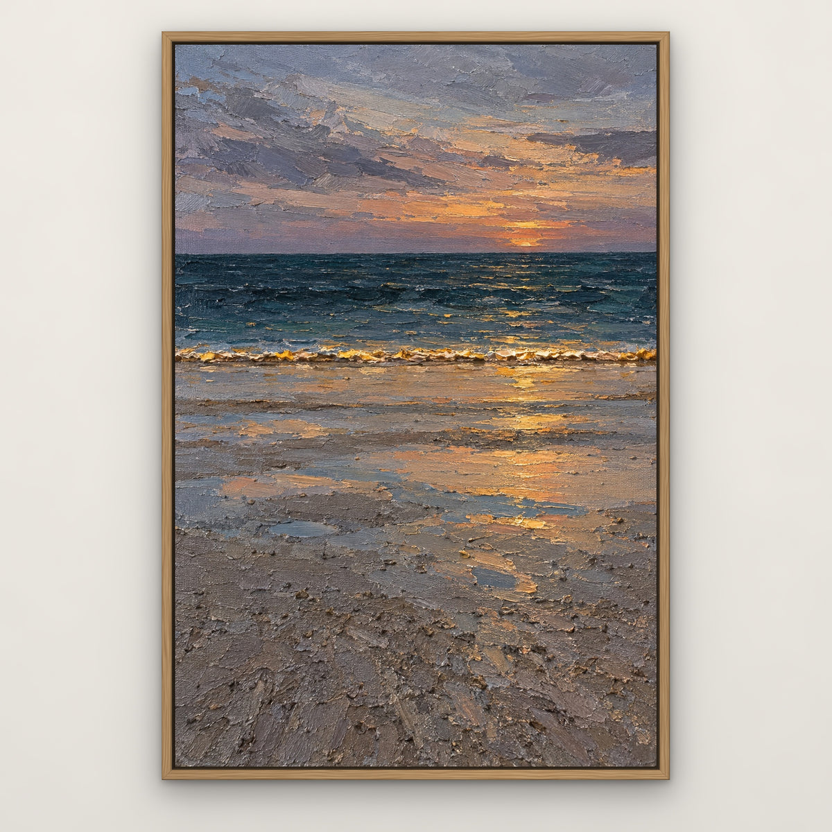 Golden Tide Edge, blue seascape hand-painted canvas wall art in a slim oak float frame – Gallery 23