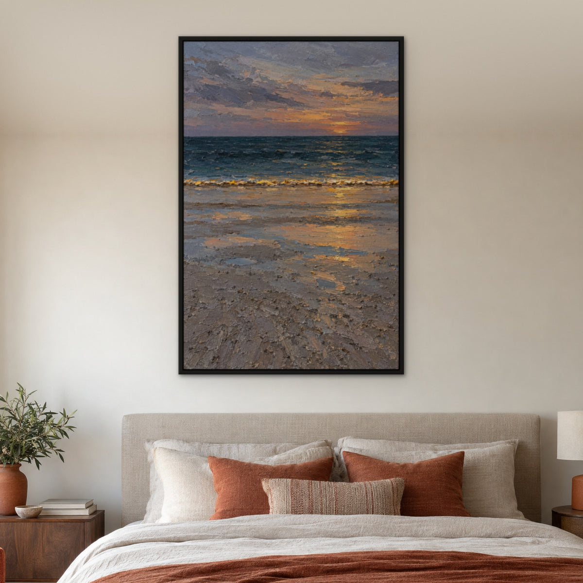 Golden Tide Edge, blue seascape hand-painted canvas wall art in a bedroom – Gallery 23