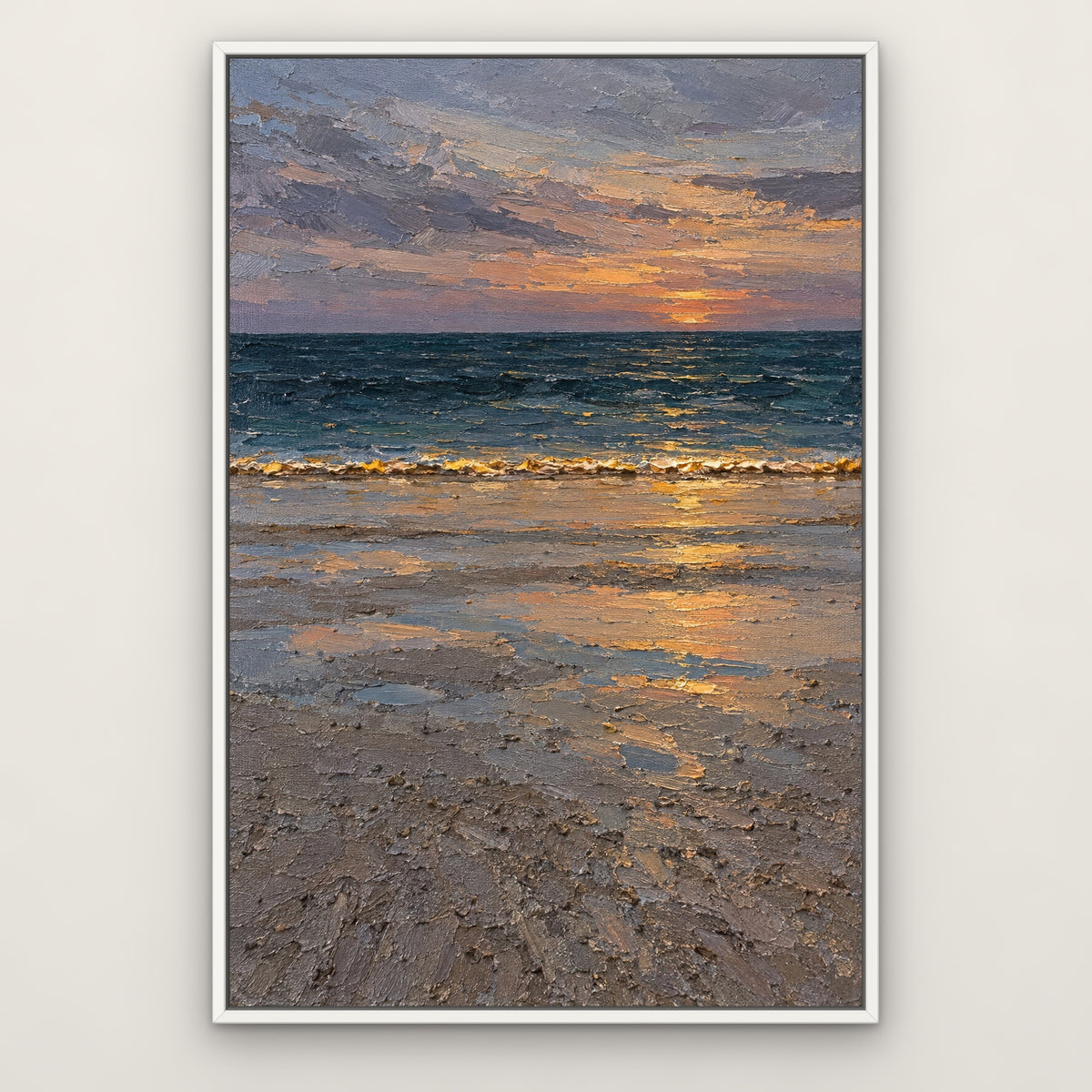 Golden Tide Edge, blue seascape hand-painted canvas wall art in a slim white float frame – Gallery 23