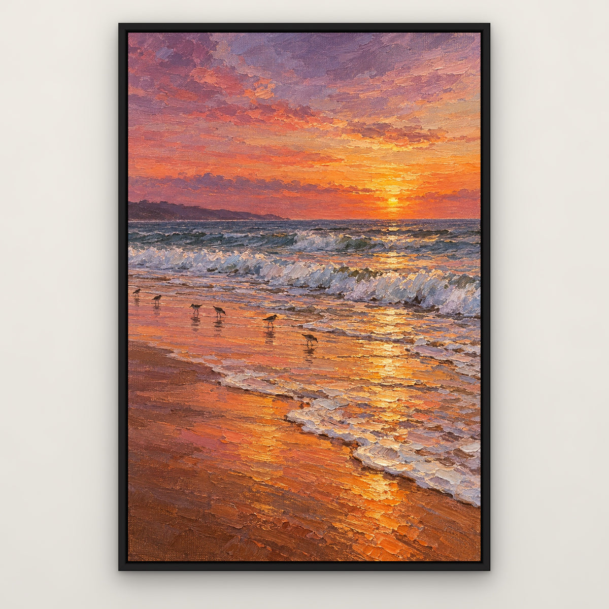 Orange Sand Surf, blue seascape hand-painted canvas wall art in a slim black float frame – Gallery 23
