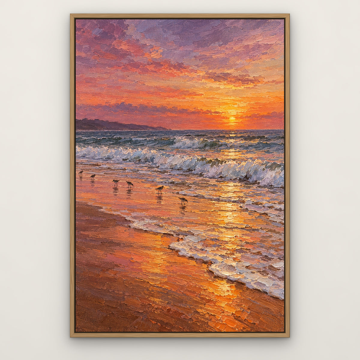 Orange Sand Surf, blue seascape hand-painted canvas wall art in a slim oak float frame – Gallery 23