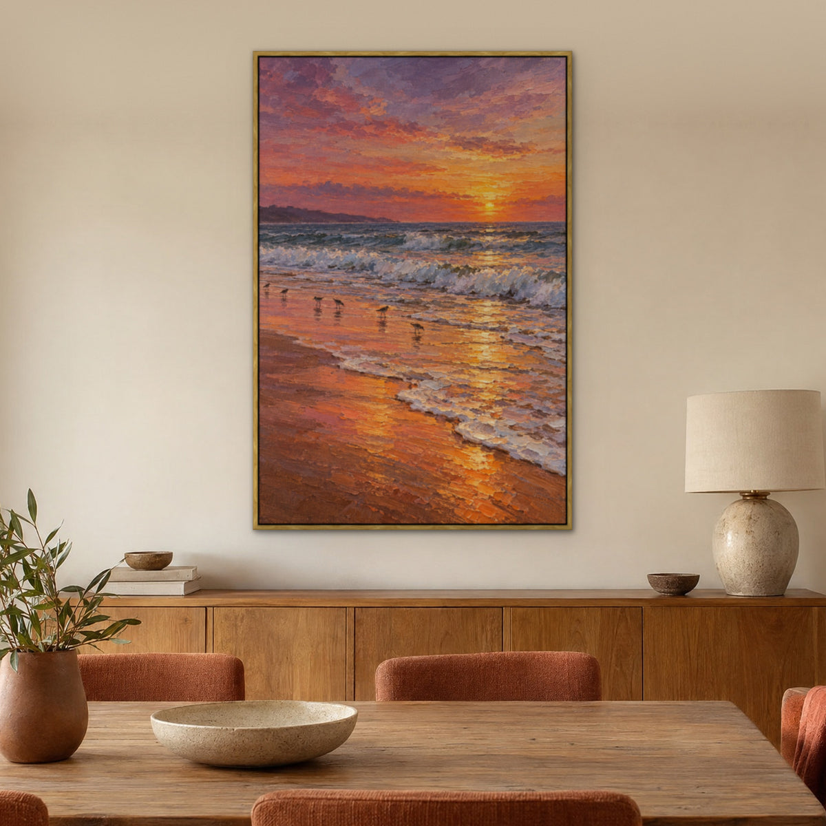 Orange Sand Surf, blue seascape hand-painted canvas wall art in a dining room – Gallery 23