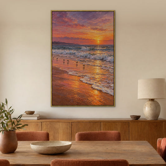 Orange Sand Surf, blue seascape hand-painted canvas wall art in a dining room – Gallery 23