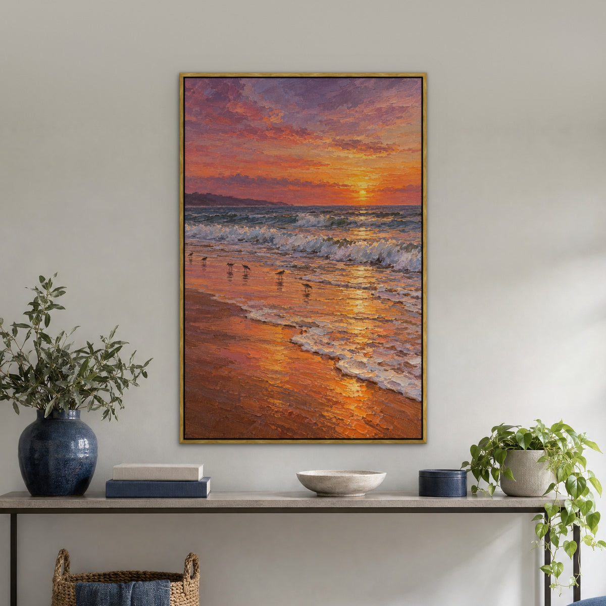 Orange Sand Surf, blue seascape hand-painted canvas wall art in a hallway – Gallery 23