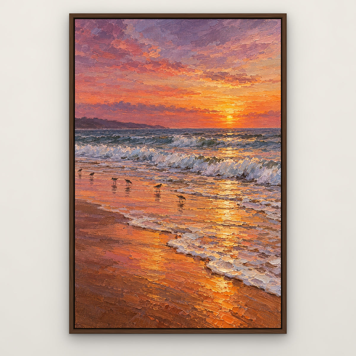 Orange Sand Surf, blue seascape hand-painted canvas wall art in a slim walnut float frame – Gallery 23