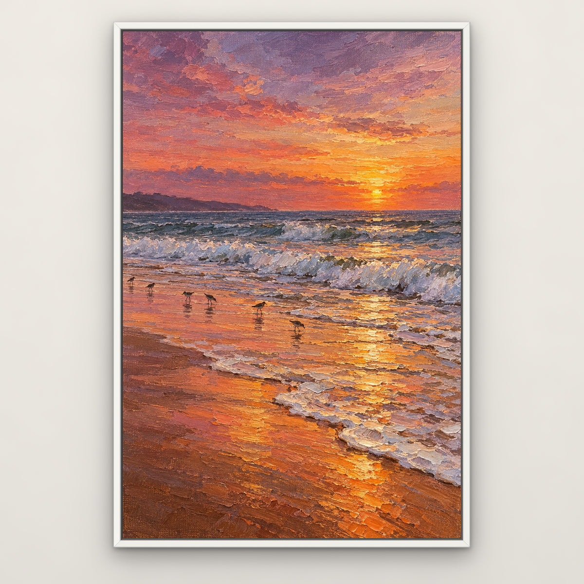 Orange Sand Surf, blue seascape hand-painted canvas wall art in a slim white float frame – Gallery 23