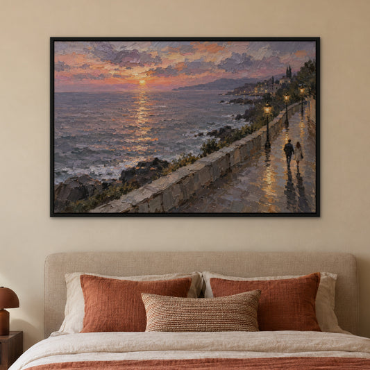 Promenade Lamp Couple, blue seascape hand-painted canvas wall art in a bedroom – Gallery 23
