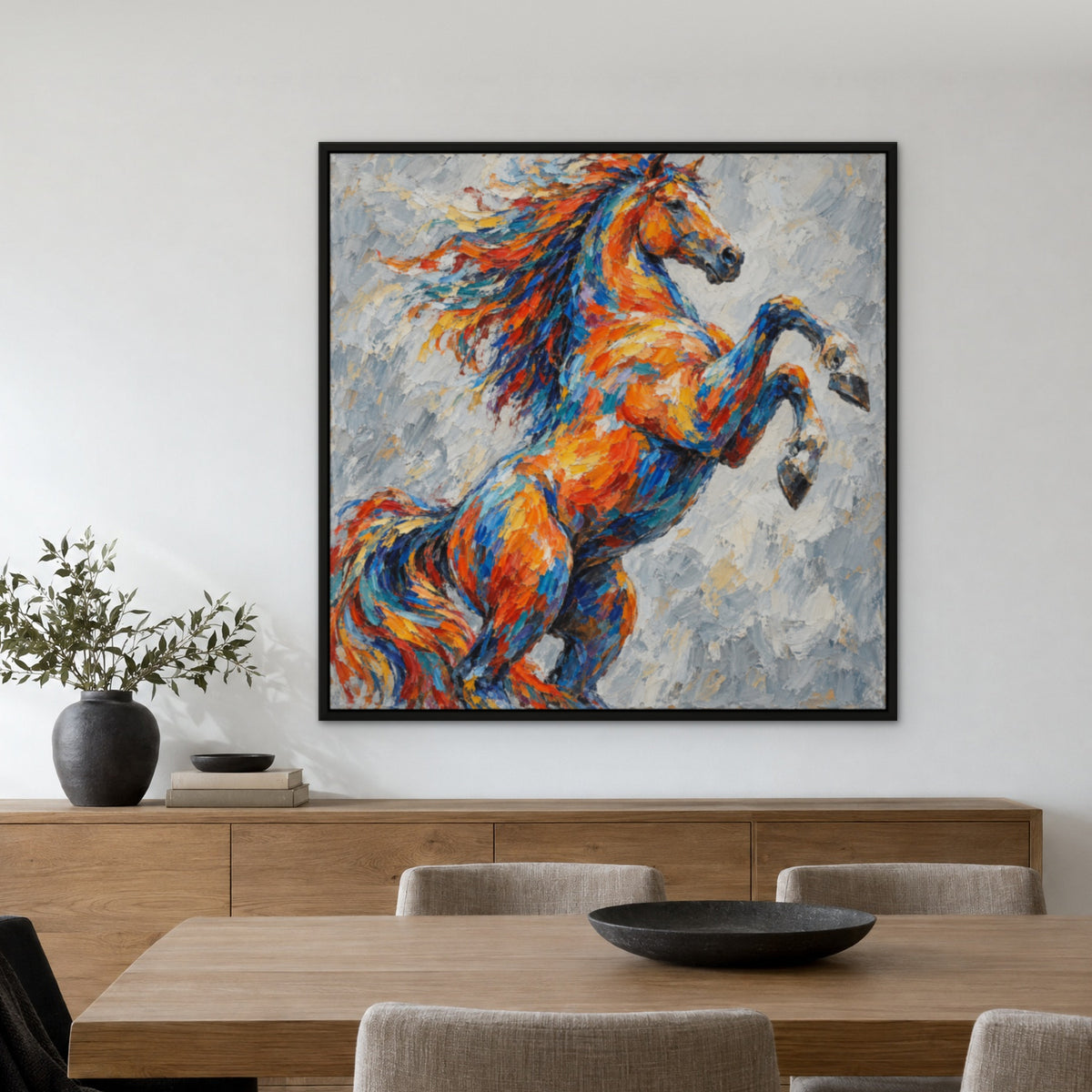Rearing Colours, colourful animal hand-painted canvas wall art in a dining room – Gallery 23