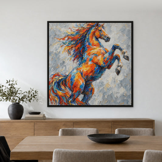 Rearing Colours, colourful animal hand-painted canvas wall art in a dining room – Gallery 23