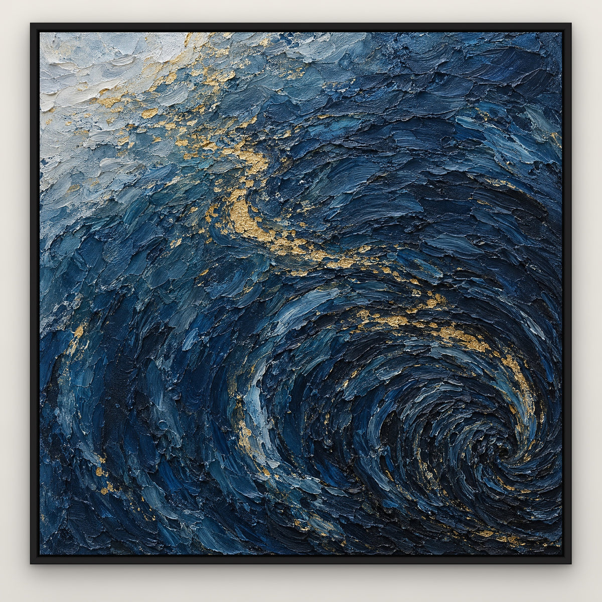 Navy Tideline Shimmer, blue abstract hand-painted canvas wall art in a slim black float frame – Gallery 23