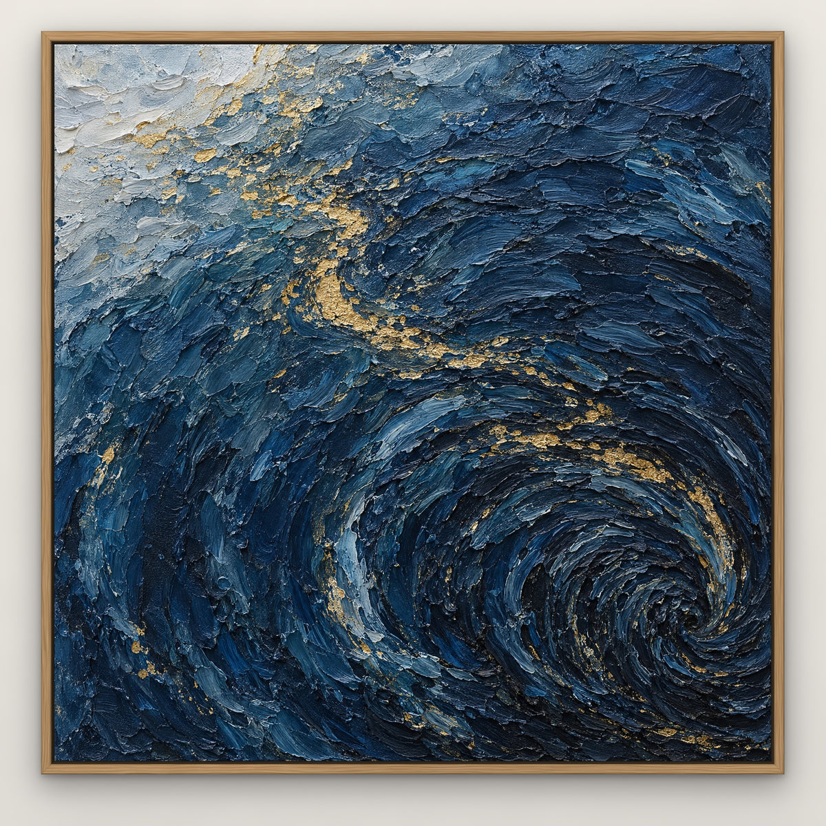 Navy Tideline Shimmer, blue abstract hand-painted canvas wall art in a slim oak float frame – Gallery 23