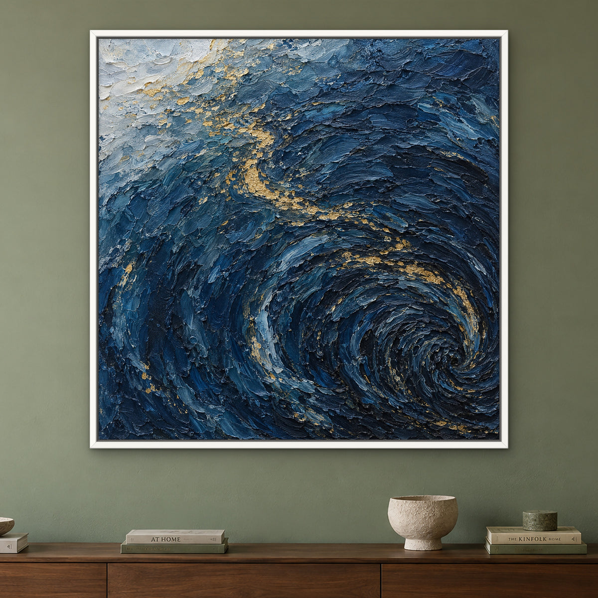 Navy Tideline Shimmer, blue abstract hand-painted canvas wall art in a living room – Gallery 23