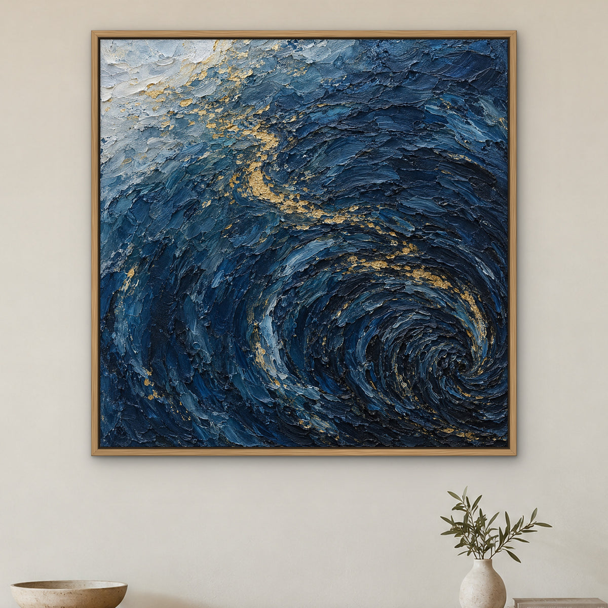 Navy Tideline Shimmer, blue abstract hand-painted canvas wall art in a hallway – Gallery 23