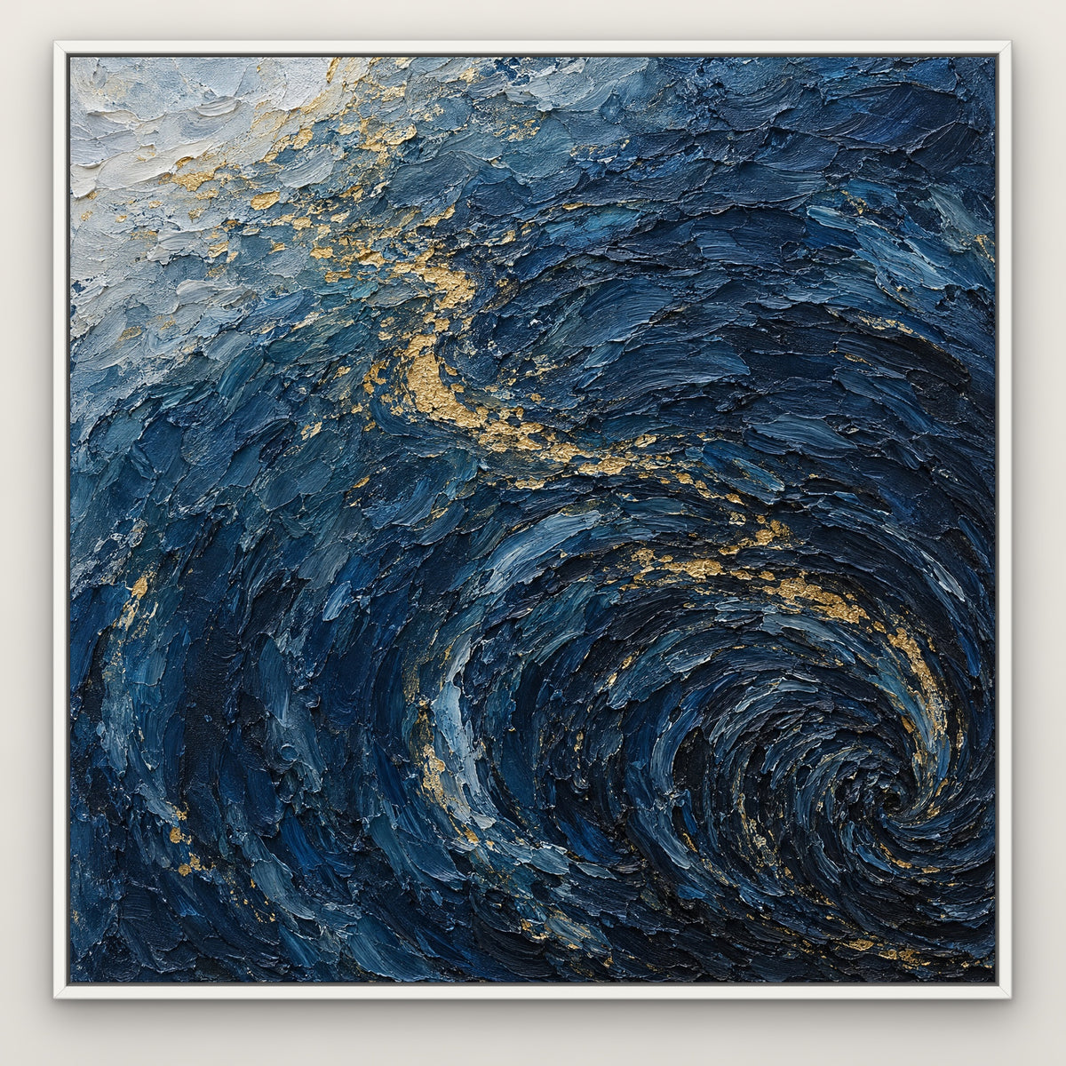 Navy Tideline Shimmer, blue abstract hand-painted canvas wall art in a slim white float frame – Gallery 23