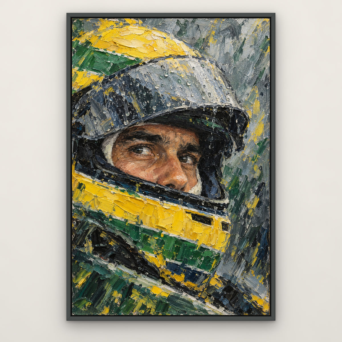 Senna, Wet Race, green portrait hand-painted canvas wall art in a slim dark grey float frame – Gallery 23