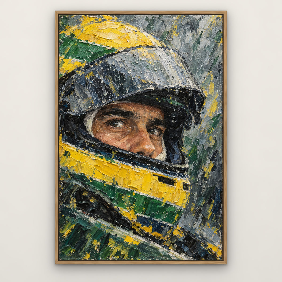 Senna, Wet Race, green portrait hand-painted canvas wall art in a slim oak float frame – Gallery 23