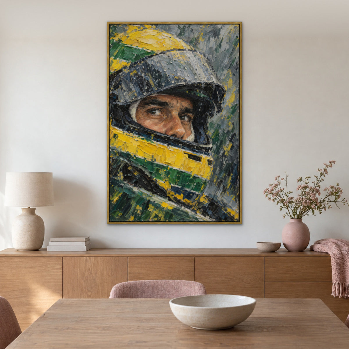 Senna, Wet Race, green portrait hand-painted canvas wall art in a dining room – Gallery 23