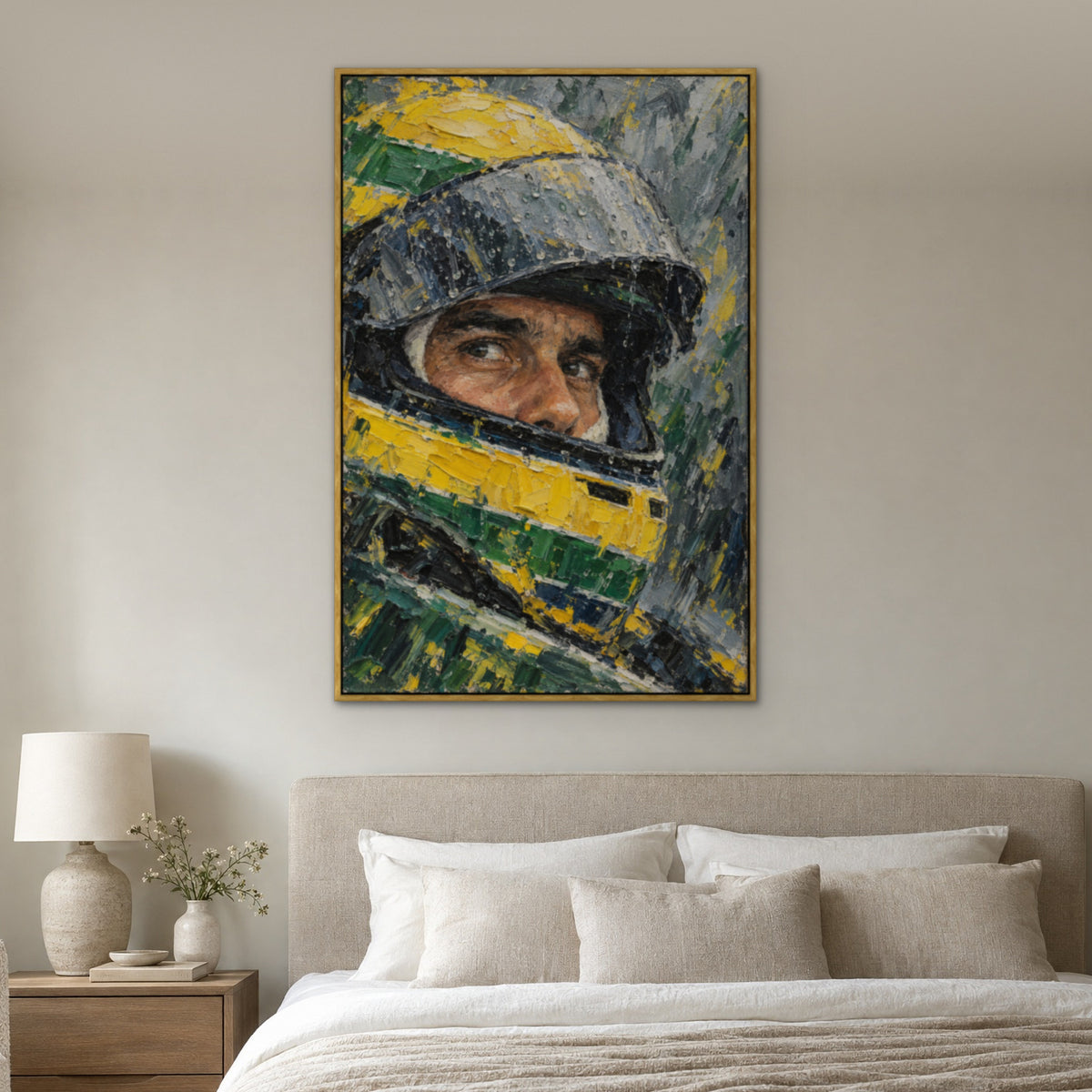 Senna, Wet Race, green portrait hand-painted canvas wall art in a bedroom – Gallery 23