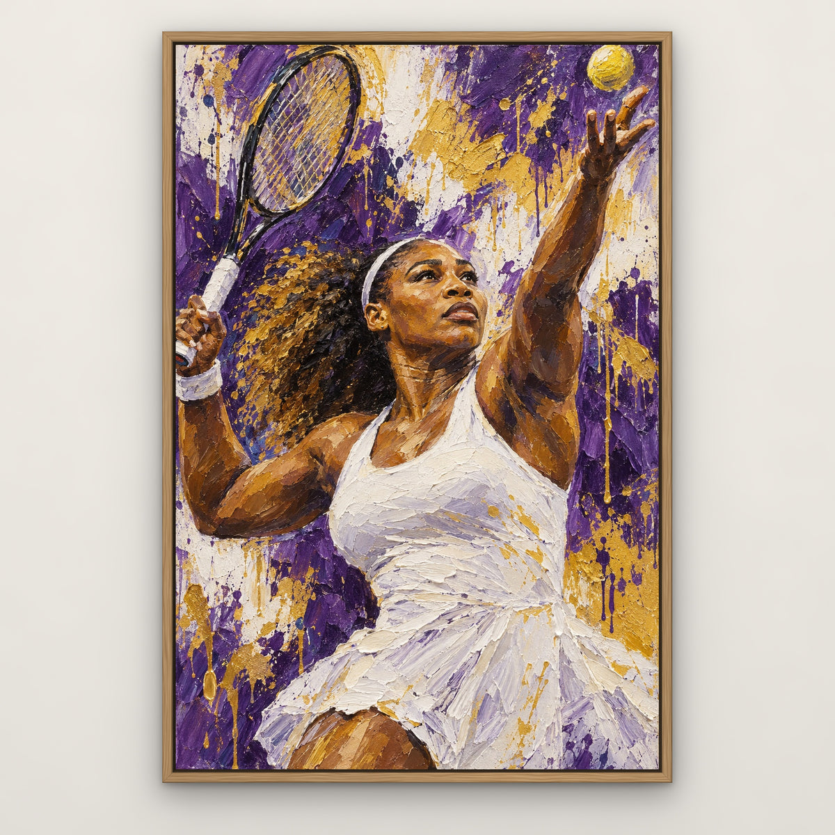 Serena, purple pop art hand-painted canvas wall art in a slim oak float frame – Gallery 23