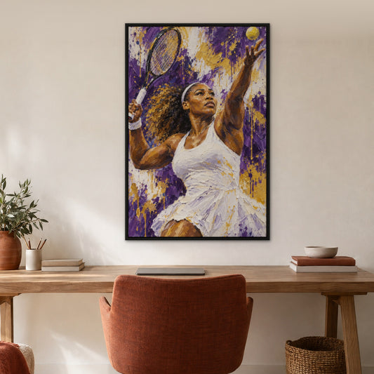 Serena, purple pop art hand-painted canvas wall art in a home office – Gallery 23
