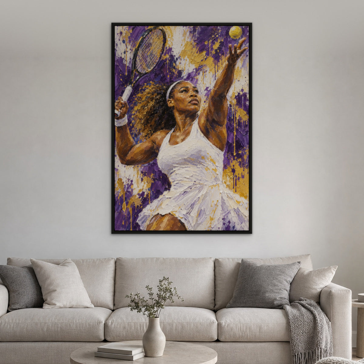 Serena, purple pop art hand-painted canvas wall art in a living room – Gallery 23