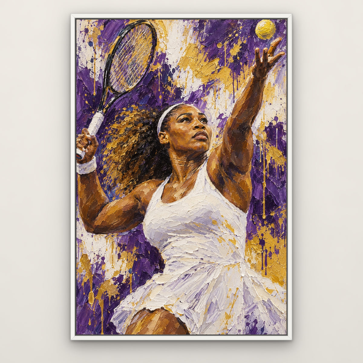 Serena, purple pop art hand-painted canvas wall art in a slim white float frame – Gallery 23