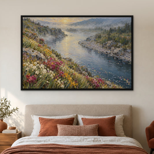 Wildflower River Bend, green mountain landscape hand-painted canvas wall art in a bedroom – Gallery 23