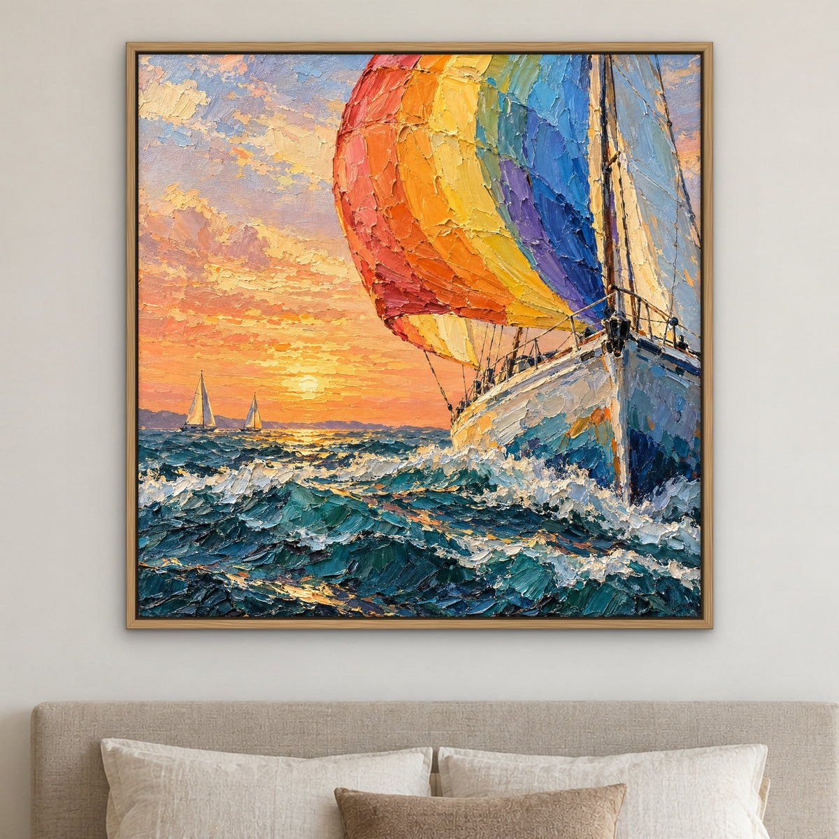 Rainbow Sails, teal seascape hand-painted canvas wall art in a bedroom – Gallery 23