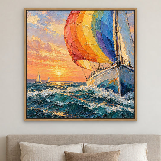 Rainbow Sails, teal seascape hand-painted canvas wall art in a bedroom – Gallery 23