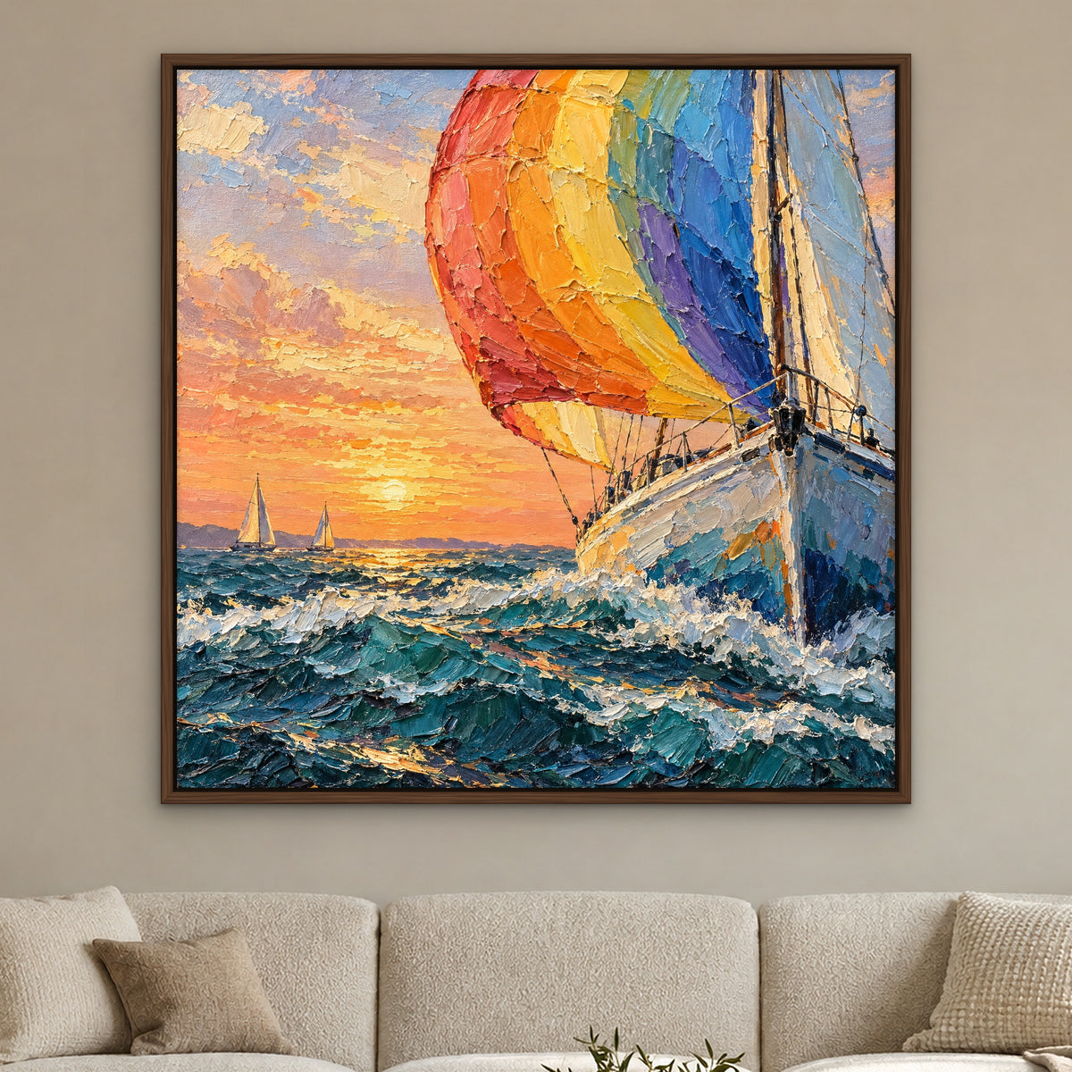 Rainbow Sails, teal seascape hand-painted canvas wall art in a living room – Gallery 23