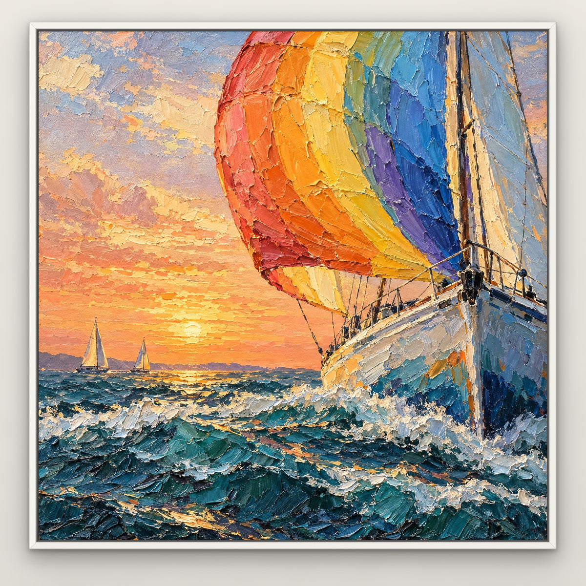 Rainbow Sails, teal seascape hand-painted canvas wall art in a slim white float frame – Gallery 23