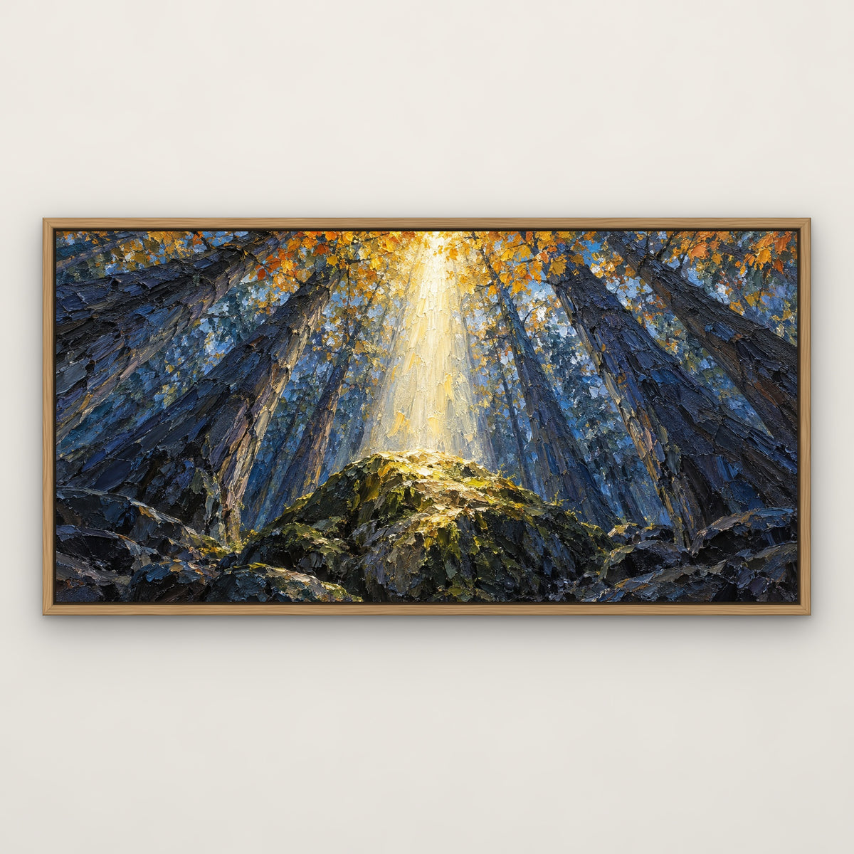 Sunbeam Forest, blue landscape hand-painted canvas wall art in a slim oak float frame – Gallery 23
