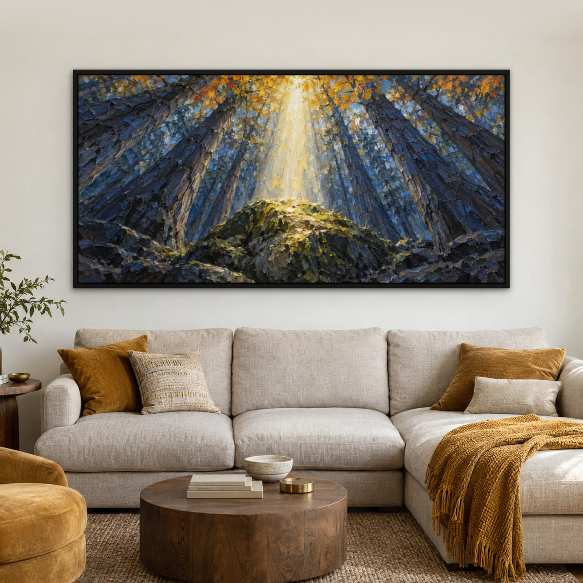 Sunbeam Forest, blue landscape hand-painted canvas wall art in a living room – Gallery 23