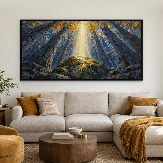 Sunbeam Forest, blue landscape hand-painted canvas wall art in a living room – Gallery 23
