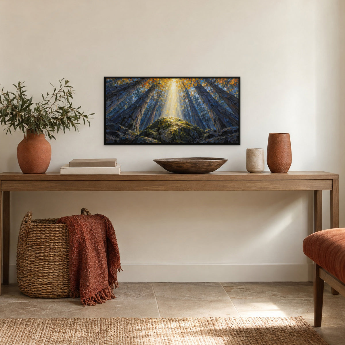 Sunbeam Forest, blue landscape hand-painted canvas wall art in a hallway – Gallery 23