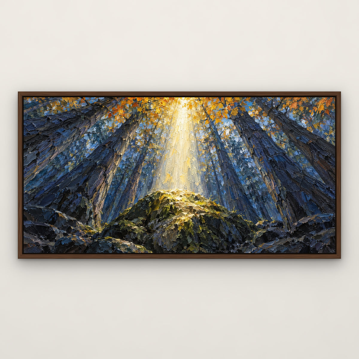 Sunbeam Forest, blue landscape hand-painted canvas wall art in a slim walnut float frame – Gallery 23