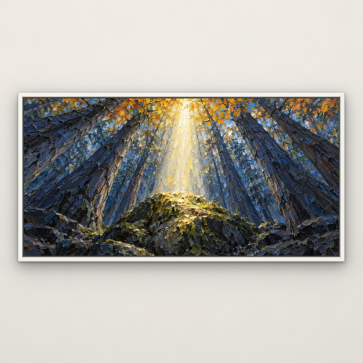 Sunbeam Forest, blue landscape hand-painted canvas wall art in a slim white float frame – Gallery 23