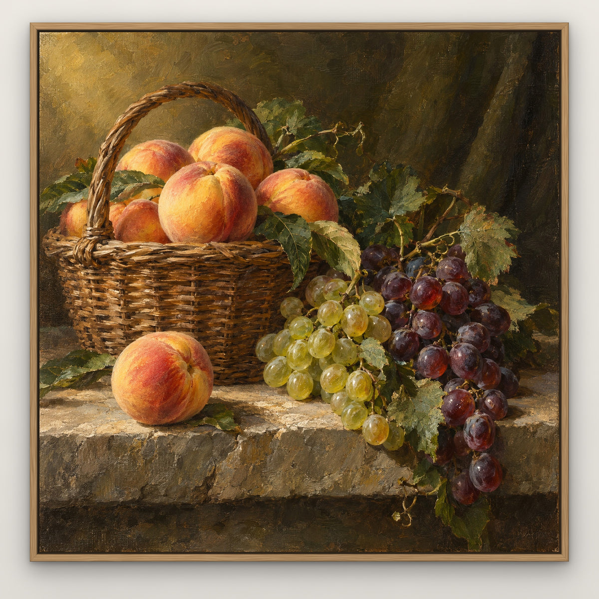 Peaches and Grapes, red still life hand-painted canvas wall art in a slim oak float frame – Gallery 23